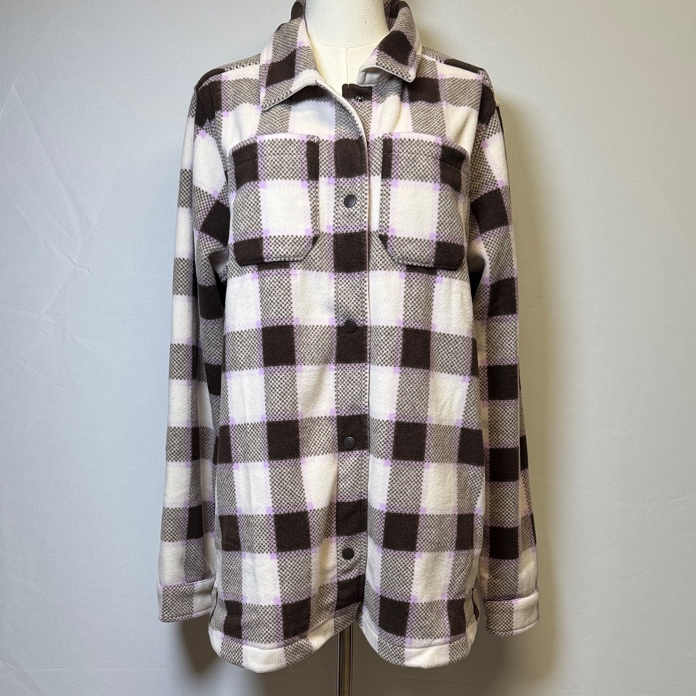 Lands’ End Anyweather Lilac & Coffee Check Fleece Shirt Jacket Size Large Tall - Picture 2 of 13